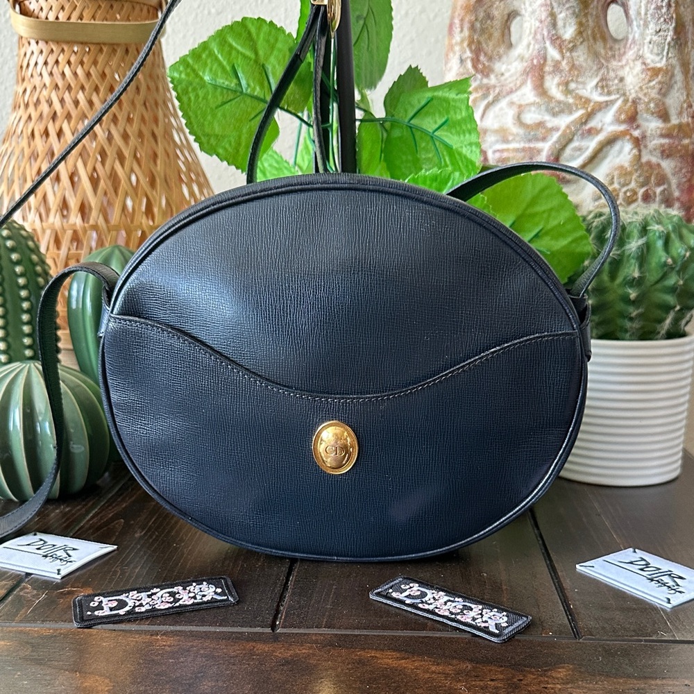 Christian Dior Navy Blue Crossbody Bag with Gold Accents